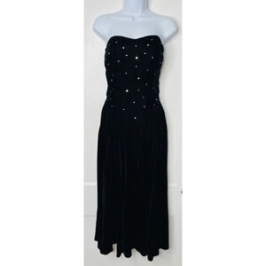 Vtg Katie MFG Midi Dress Sz 10 Black Velvet Studded ILGWU 80s Sweetheart Smocked